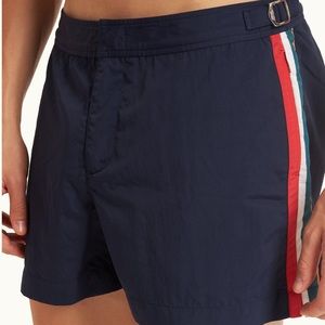 Orlebar Brown Navy O.B Stripe Panel Shorter-Length Swim Shorts.